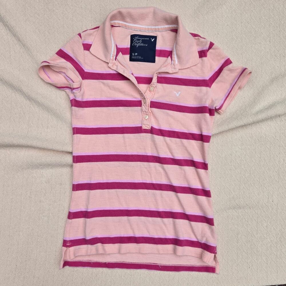 pink striped cotton polo top size s preppy coquette 2010s ♡